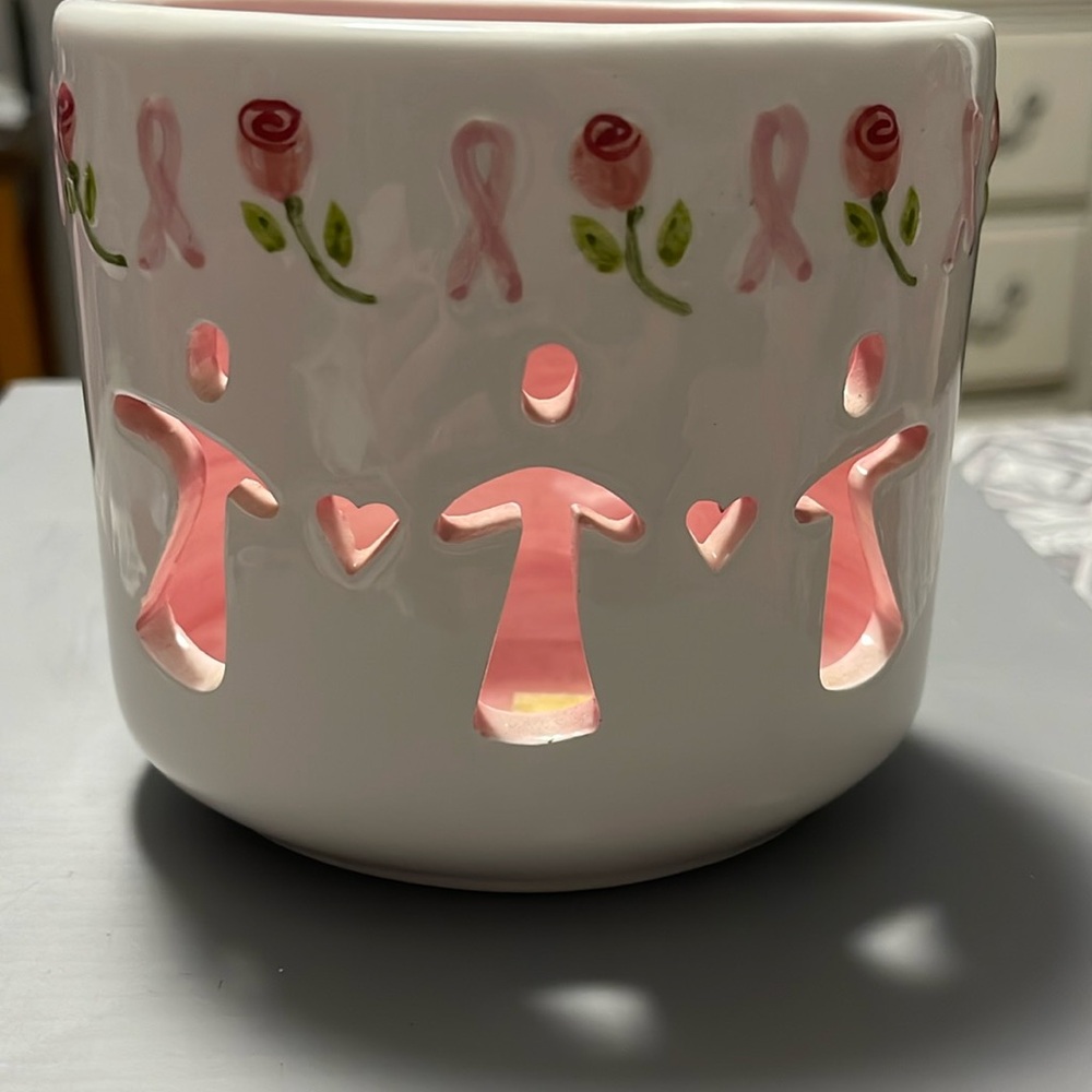 Breast Cancer Pink Ribbon Ceramic Vase Candle Holder Pink & White 🎀🎗️